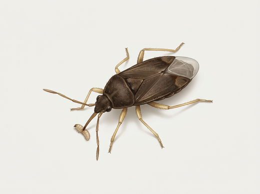 Pirata del campo (Xylocoris flavipes), un piccolo insetto predatore marrone scuro che succhia una larva di scarabeo