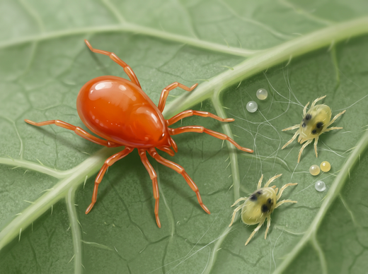 L'acaro predatore rosso-arancione (Phytoseiulus persimilis) preda di ragni rossi pallidi su una foglia, notevolmente ingrandita
