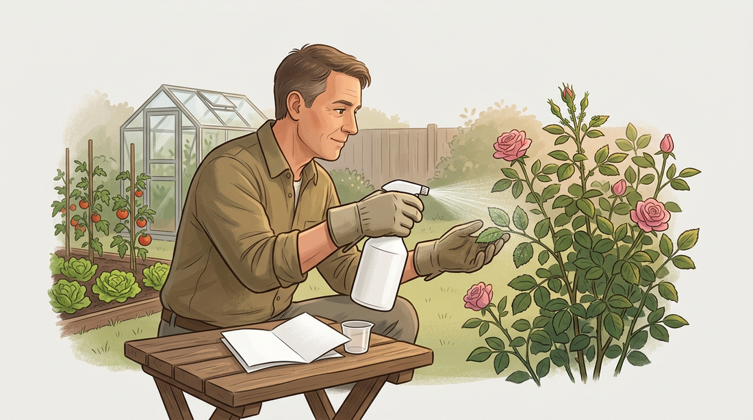 Il giardiniere dilettante con i guanti spruzza la parte inferiore di un cespuglio di rose la sera, le istruzioni per l'uso e i misurini sono sul tavolo, un orto e una serra sullo sfondo