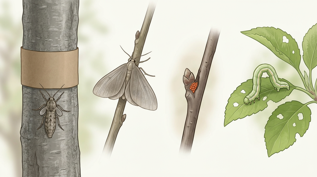 Ciclo di vita della piccola falena del gelo: femmina incapace di volare con mozziconi di ali sotto un anello di colla sul tronco del melo, maschio alato sul ramo, uova rosso-arancio su un germoglio e bruco di falena verde con una gobba sulle foglie mangiate del melo