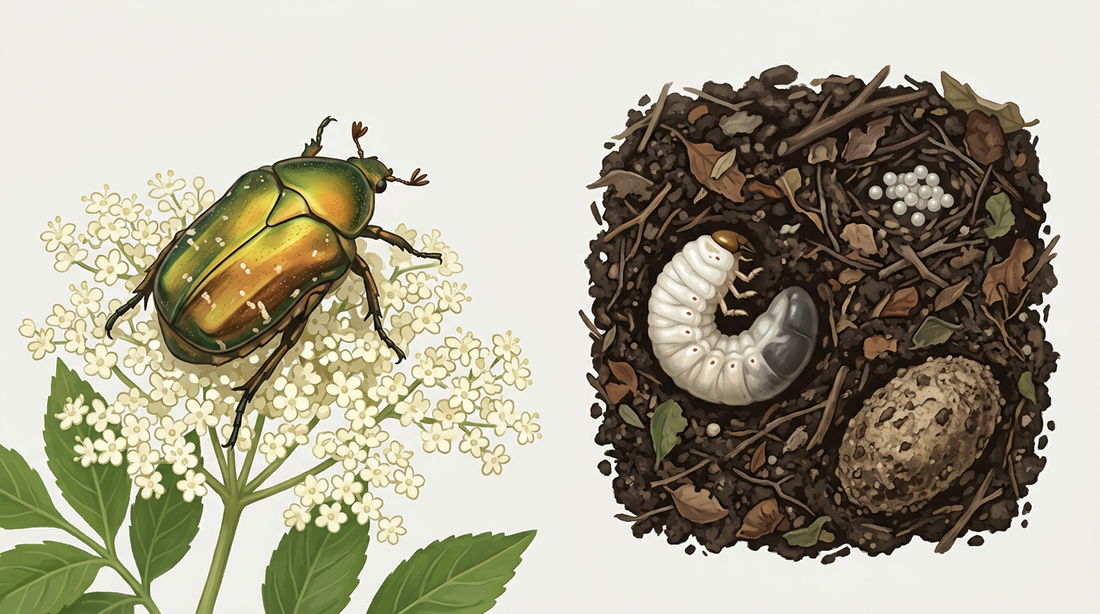 Sviluppo dello scarabeo della rosa: scarabeo verde-dorato su un fiore di sambuco, accanto ad esso una sezione attraverso un mucchio di compost con uova, una spessa larva bianca e un bozzolo fatto di terra e compost