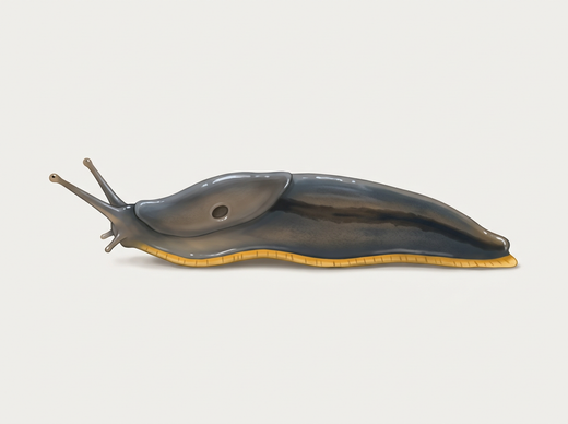 Lumaca da giardino (Arion hortensis) dal lato, grigio scuro con suola strisciante giallo-arancio