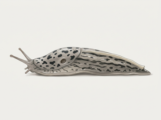 Lumaca tigre (Limax maximus) di lato, grigio chiaro con macchie scure e strisce longitudinali