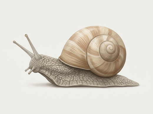 Lumaca romana (Helix pomatia) di lato, con una grande conchiglia sferica di colore marrone chiaro