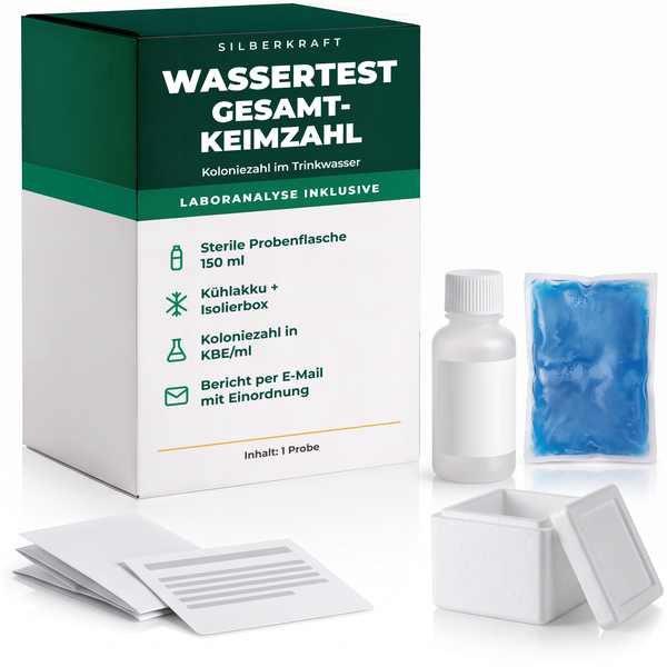 Silberkraft Wassertest Gesamtkeimzahl – Set mit Probenflasche, Kühlakku und Isolierbox, Laboranalyse inklusive