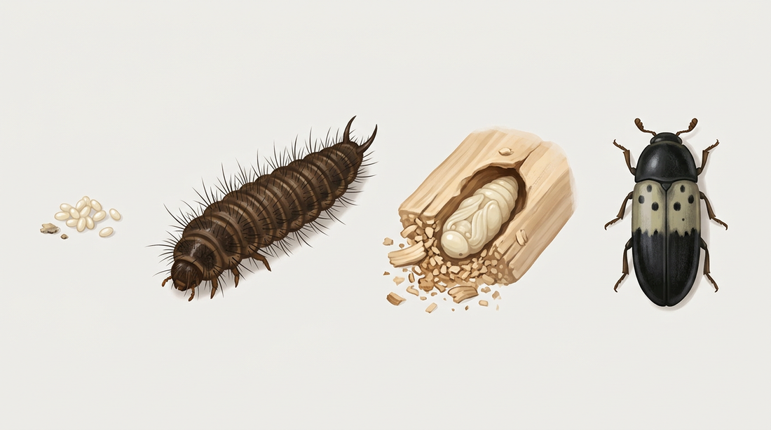 Sviluppo del dermeste del lardo: uova bianche, larva bruno scura con setole, pupa chiara e adulto con fascia chiara sulle elitre