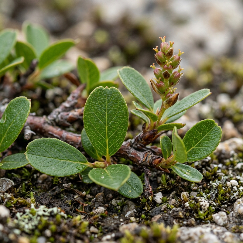 Salice dalle foglie smussate (Salix retusa), illustrazione IA