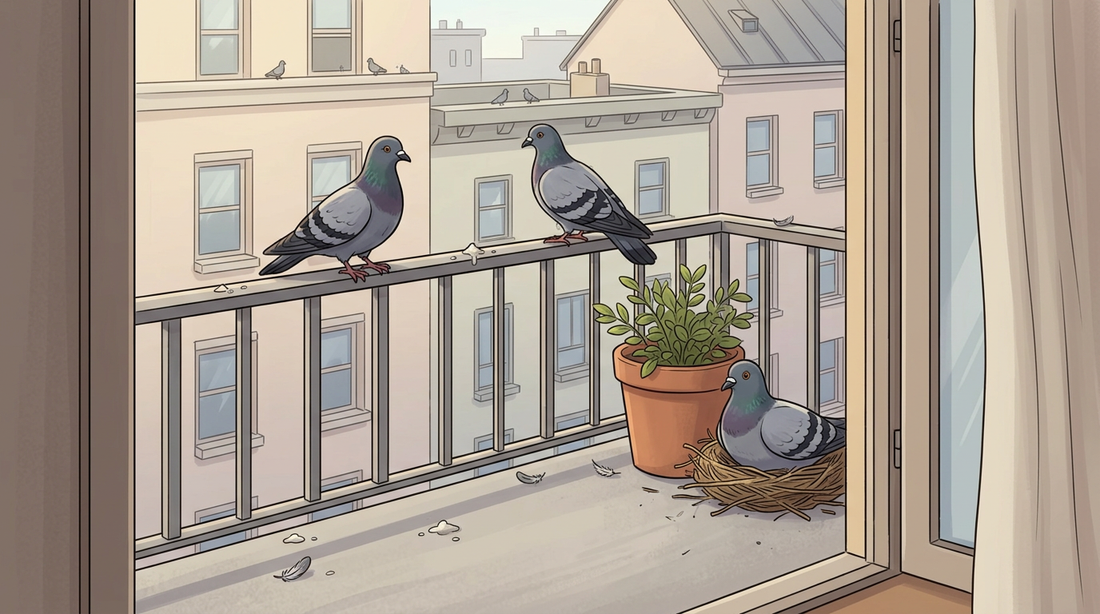 Due piccioni di città sulla ringhiera di un balcone, un terzo nidifica in un nido dietro un vaso di fiori, con escrementi e piume sul pavimento