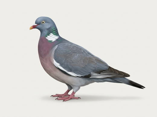 Colombaccio (Columba palumbus) dal lato con toppa bianca sulla gola, fascia alare bianca e petto rosa