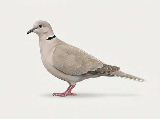 Tortora turca europea (Streptopelia decaocto) di lato, grigio-beige con fascia nera sul collo