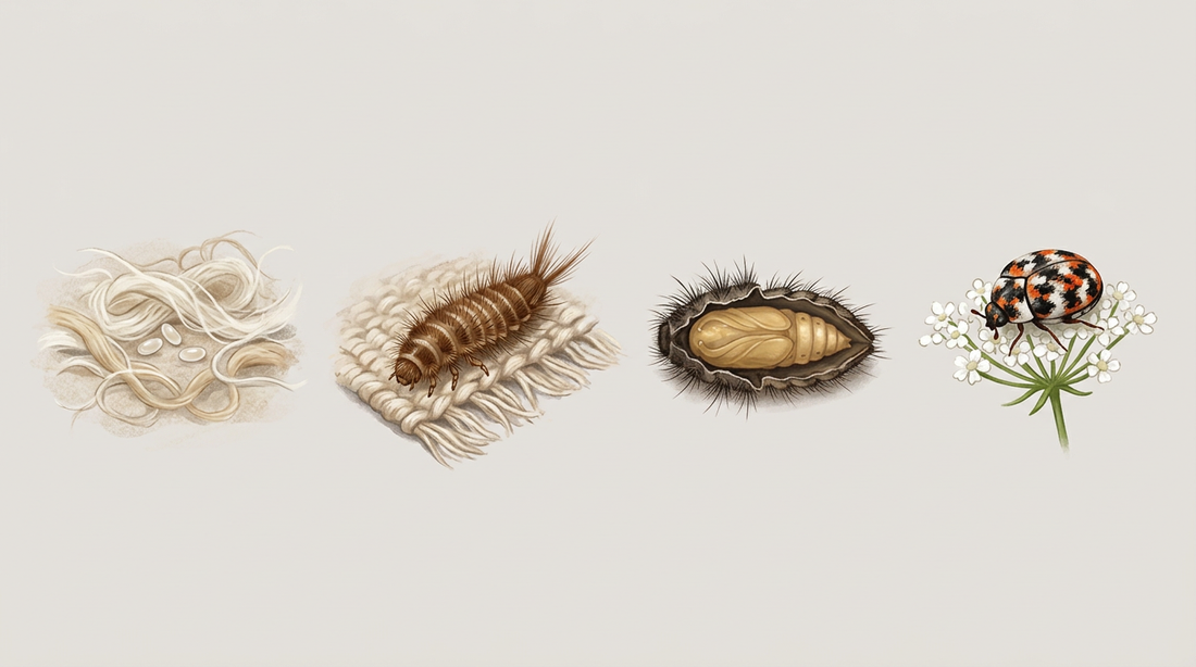 Sviluppo dell’antreno: uova tra fibre di lana, larva pelosa su un tappeto di lana, pupa nell’esuvia aperta della larva e coleottero su un fiore bianco a ombrella