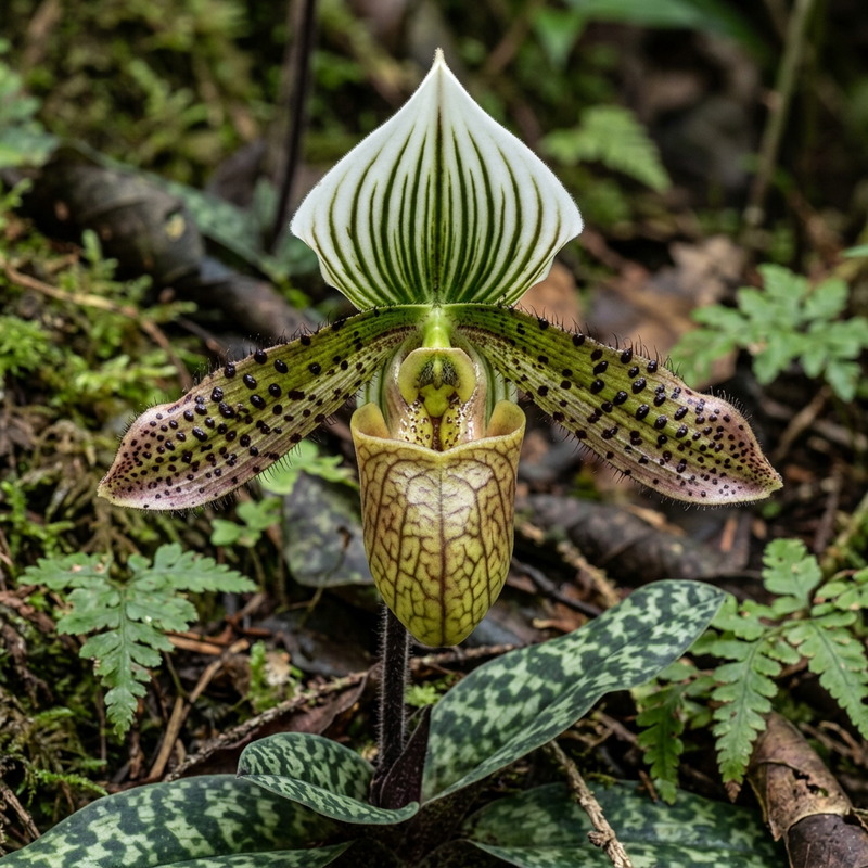 Venustums Frauenschuh (Paphiopedilum venustum), illustrazione IA