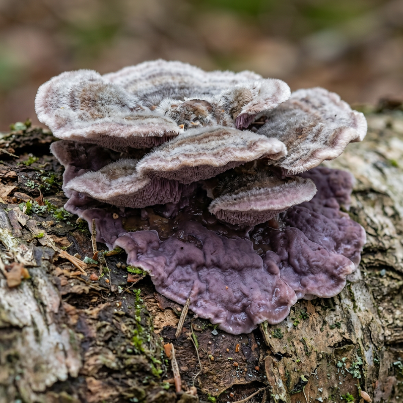 Violetter Knorpelschichtpilz (Chondrostereum purpureum), illustrazione IA
