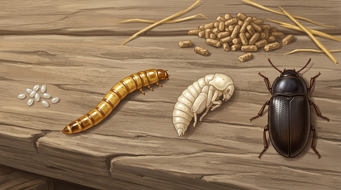 Sviluppo dello scarabeo della muffa del grano: uova bianche, larve lucenti giallo-marroni simili a vermi della farina, pupa chiara e lucente scarabeo bruno-nero accanto a pellet di cibo e paglia