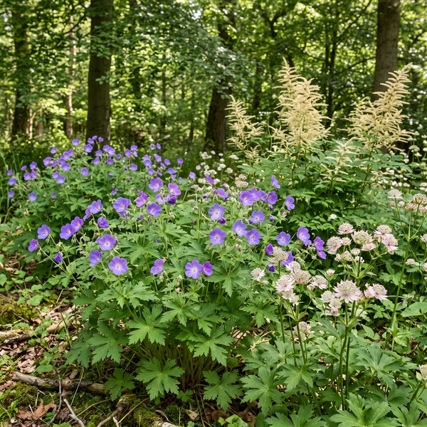 Wald-Storchschnabel (Geranium sylvaticum) in Blüte im naturnahen Garten (KI-generiert)
