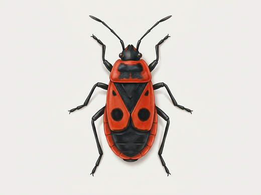 Cimice del fuoco (Pyrrhocoris apterus) dall'alto: disegno rosso-nero con un grande punto nero su ciascuna copertura alare