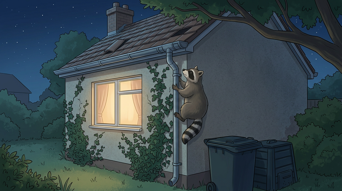 Di notte, un procione si arrampica su un pluviale fino alla grondaia di una casa unifamiliare, accanto a un bidone della spazzatura chiuso e a un ramo che arriva sopra il tetto