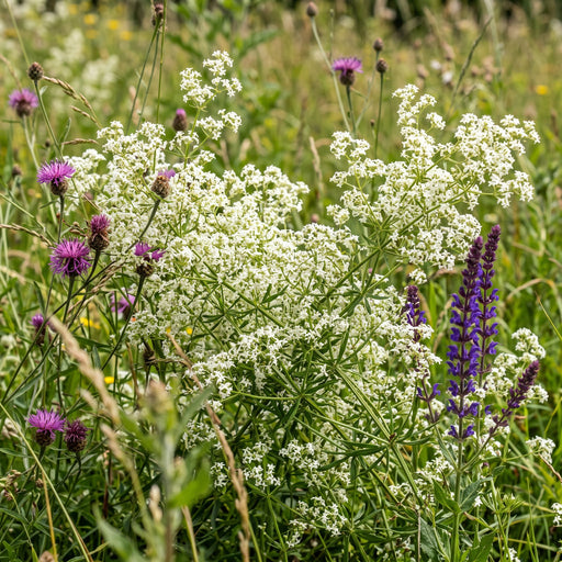 Weißes Labkraut (Galium album) in Blüte im naturnahen Garten (KI-generiert)