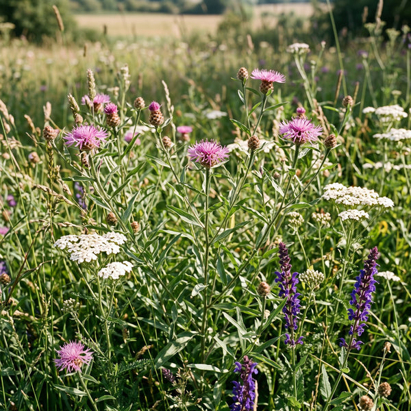 Wiesen-Flockenblume (Centaurea jacea) in Blüte im naturnahen Garten (KI-generiert)