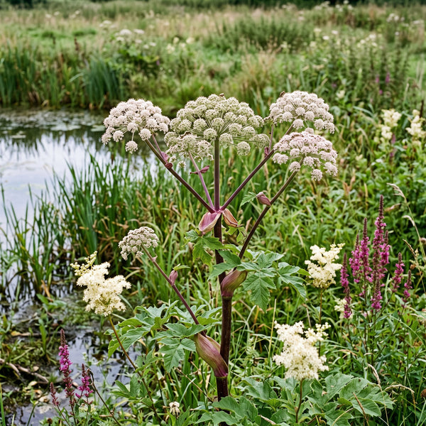Wilde Engelwurz (Angelica sylvestris) in Blüte im naturnahen Garten (KI-generiert)