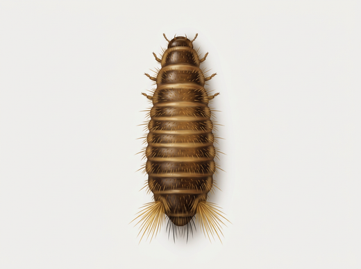 Larva dello scarabeo lanoso (larva dello scarabeo) dall'alto, pelosa bruna con ciuffi di peli di freccia all'estremità posteriore