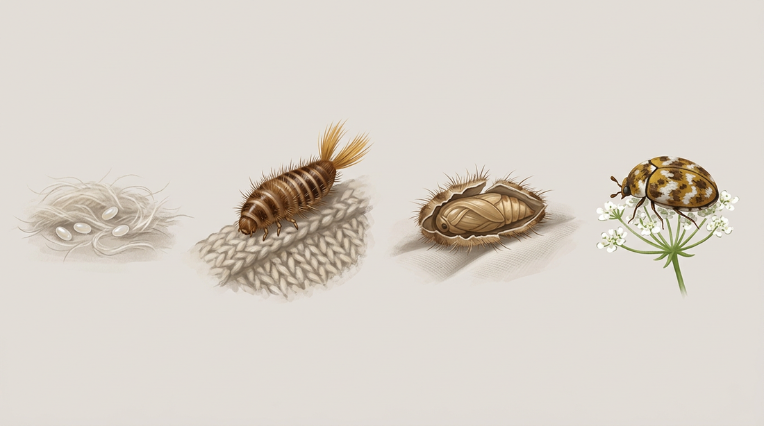 Sviluppo dello scarabeo lanoso: uova tra le fibre di lana, larva pelosa su un maglione di lana, pupa nella pelle larvale rotta e scarabeo su un fiore bianco ad ombrella