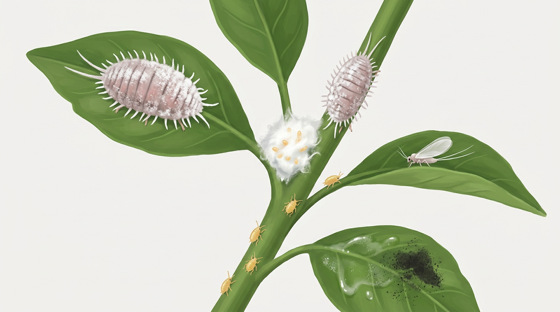 Cocciniglie su un germoglio di pianta: femmine in polvere con fili di cera, sacca di uova nell'ascella delle foglie, piccole larve giallastre, un maschio alato, melata e fuliggine